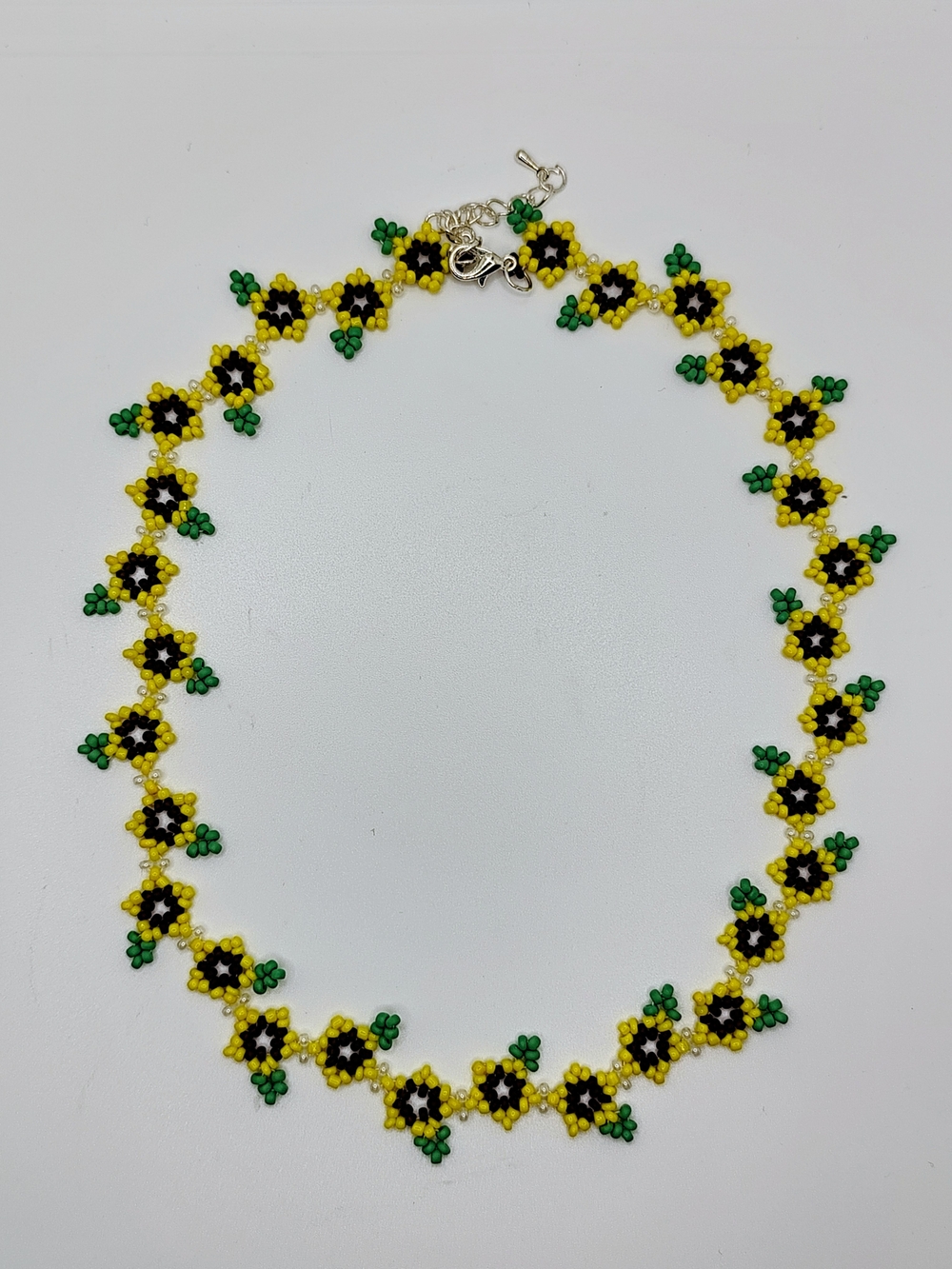 Handmade Yellow & Green Beaded Flower Necklace